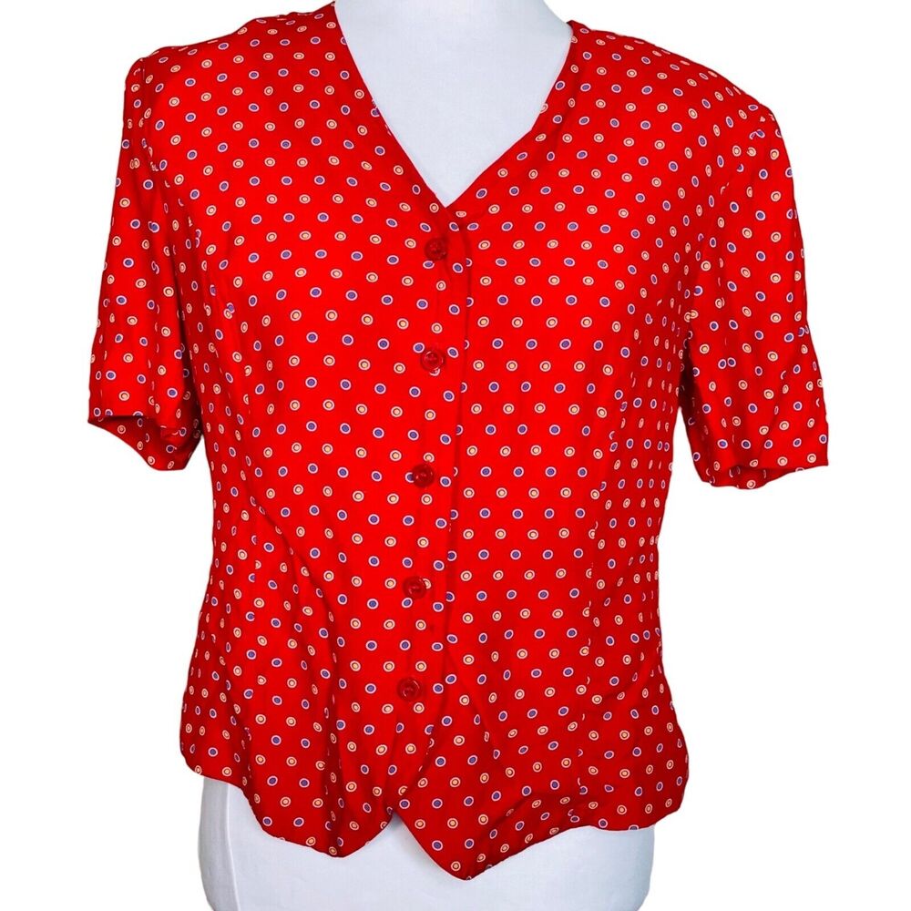 Leslie Fay Red Polka Dot Short Sleeve Blouse Size 8
